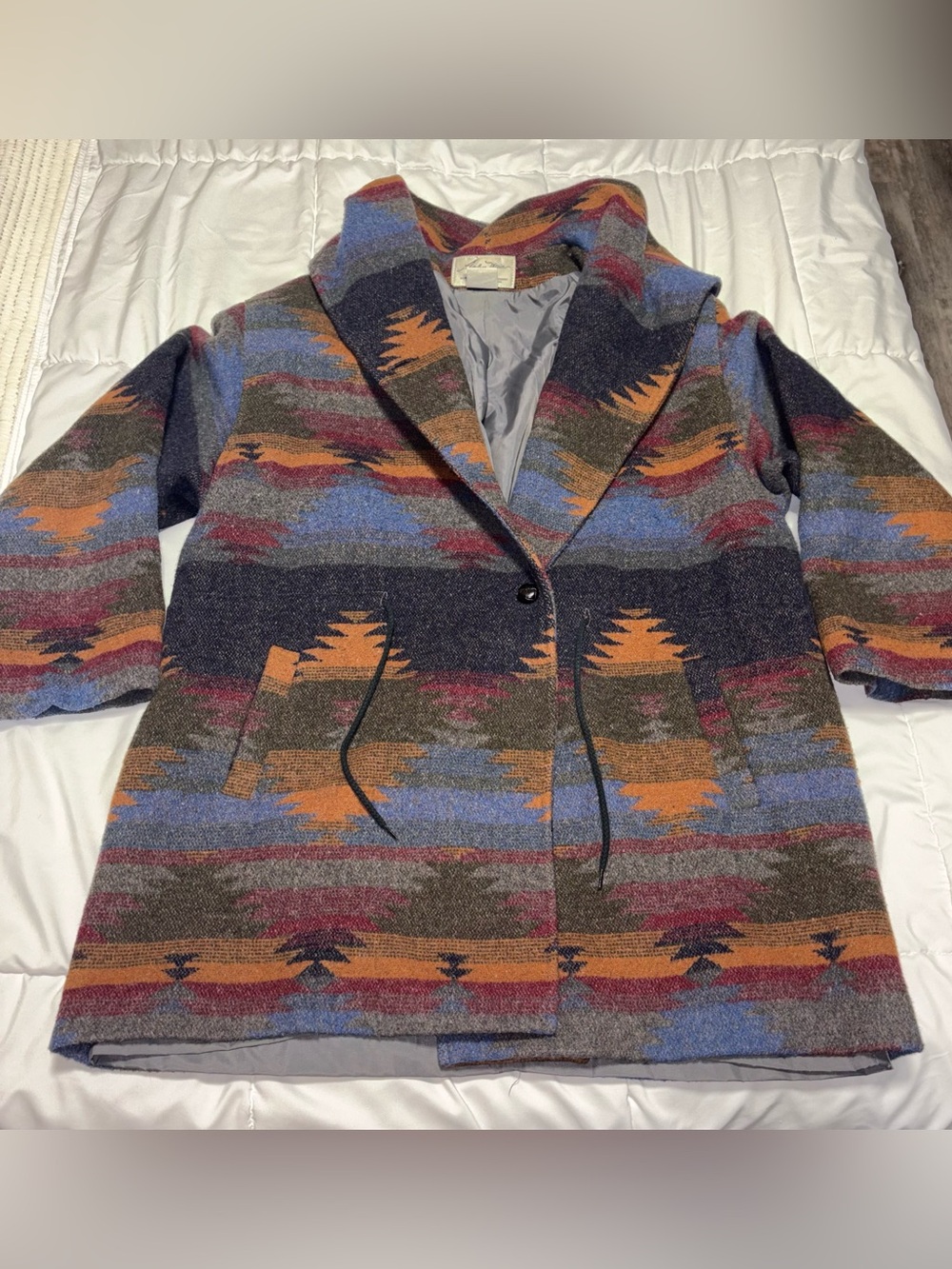 Andrea Marin Vintage Wool Blend Hooded Coat Lined Drawstring Aztec Women Size 16